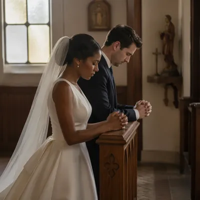 Wedding Couple Praying in Church Chapel