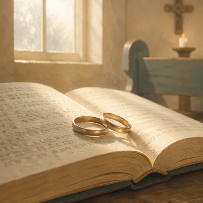 Wedding Rings Resting on Open Bible