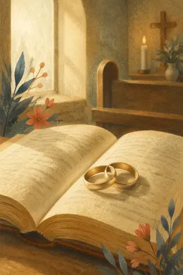 Wedding Rings Resting on Open Bible