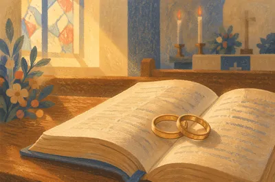 Gold Wedding Rings on Open Bible