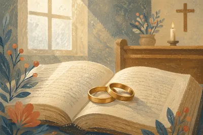 Wedding Rings Resting on Open Bible
