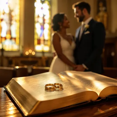 Gold Wedding Rings on Open Bible