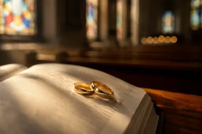 Gold Wedding Rings on Open Bible
