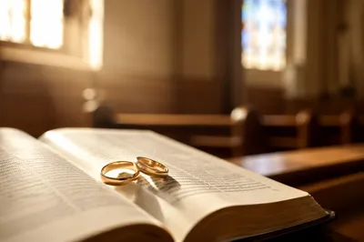 Gold Wedding Rings on Open Bible