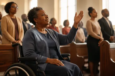 Woman in Wheelchair Worshiping in Sanctuary