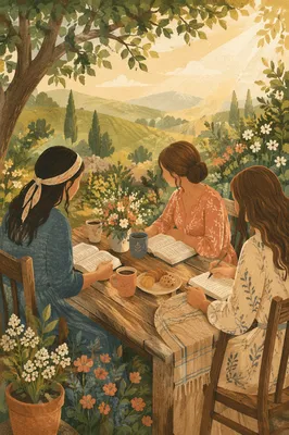 Women Sharing Coffee in Garden Bible Study