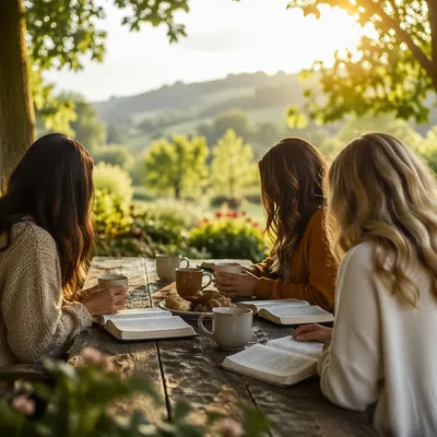 Women Sharing Coffee in Garden Bible Study