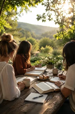 Women Sharing Coffee at Garden Bible Study