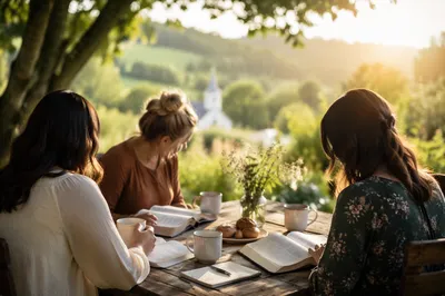 Women Sharing Coffee in Garden Bible Study