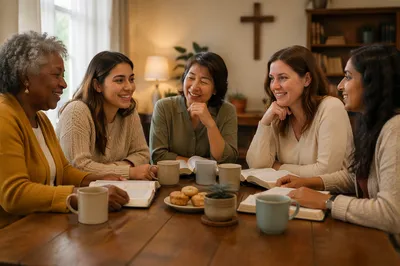 Women Reading Together Over Coffee Table