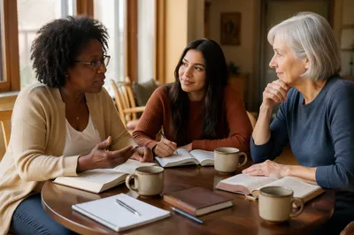 Three Women Studying Around Coffee Table