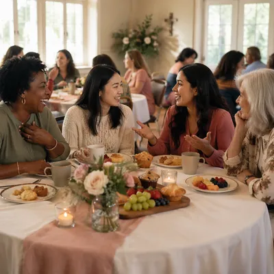 Women Sharing Laughter at Brunch Table