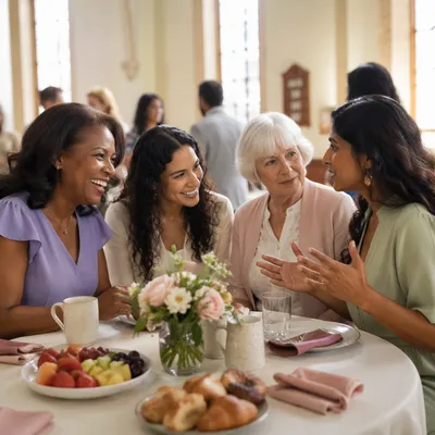 Four Women Talking at Brunch Table