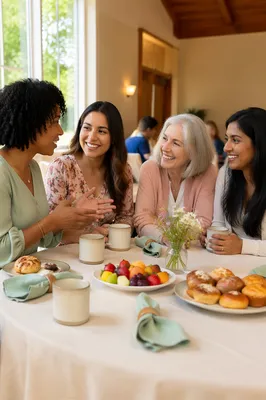 Women Laughing Around Sunlit Brunch Table