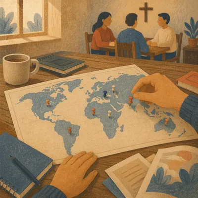 Hands Placing Pins on Mission World Map