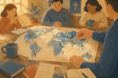 Hands Placing Pins on World Mission Map