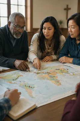 People Studying World Map With Push Pins