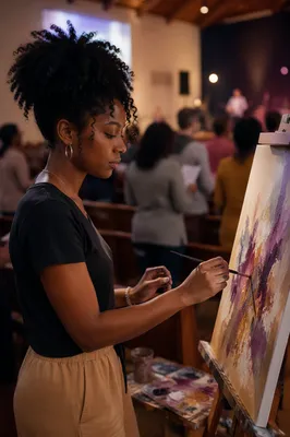 Woman Painting at Church Service