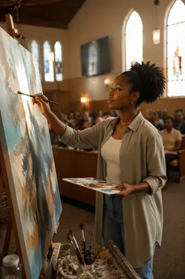 Woman Painting Abstract Canvas in Church