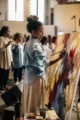 Artist Painting on Canvas During Church Service