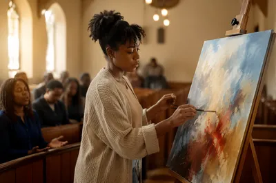 Artist Painting Beside Congregation in Sanctuary