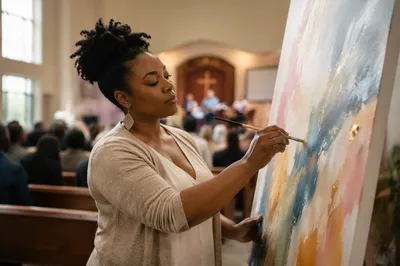 Woman Painting on Canvas in Church