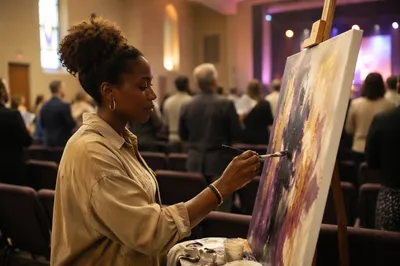 Woman Painting Beside Congregation in Sanctuary