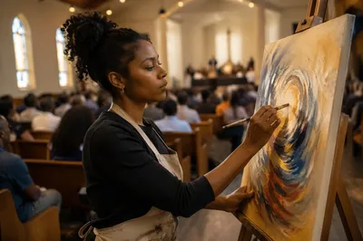 Artist Painting in Bright Church Sanctuary