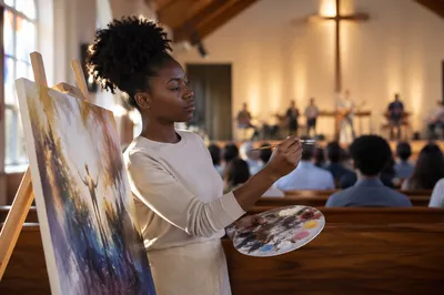 Woman Painting at Church Service