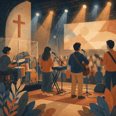 Rear View Worship Band on Church Stage