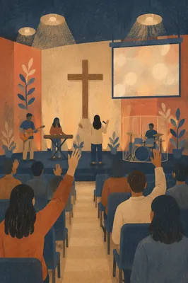 Worship Band Silhouettes in Church Auditorium