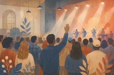 Church Worship Band With Congregation Raising Hands