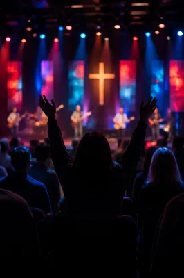 Congregation Worshipping Before Glowing Church Cross