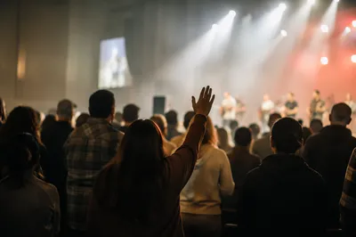 Contemporary Church Worship Band with Raised Hands
