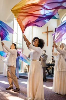 Colorful Worship Flags in Joyful Church Gathering