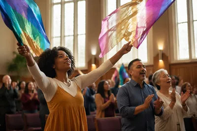 Colorful Worship Flags in Modern Sanctuary