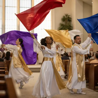 Colorful Flag Dancers in Church Aisle