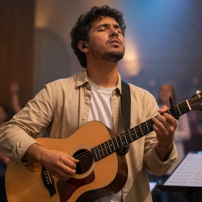 Passionate Guitarist on Softly Lit Church Stage