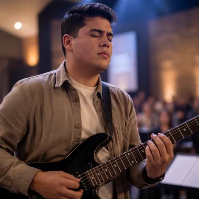 Close-Up Guitarist on Church Stage