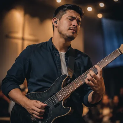 Passionate Guitarist on Softly Lit Church Stage