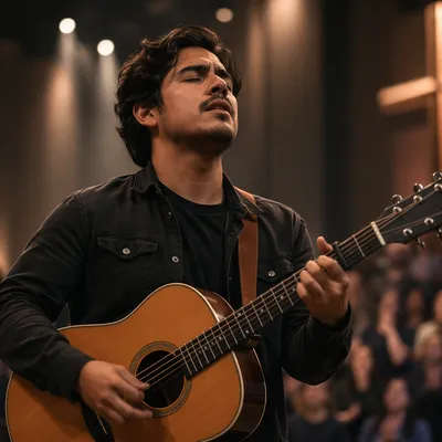 Close-Up Guitarist on Church Stage