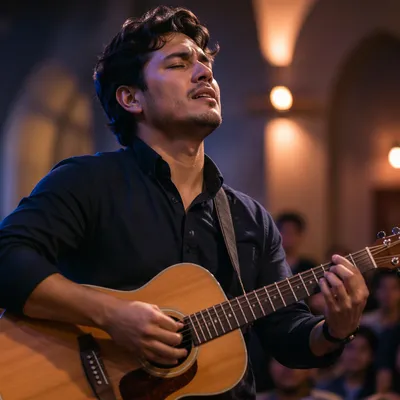 Close-Up Guitarist on Church Stage