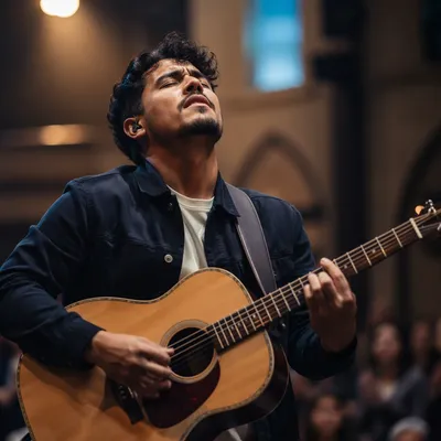 Passionate Guitarist on Softly Lit Stage