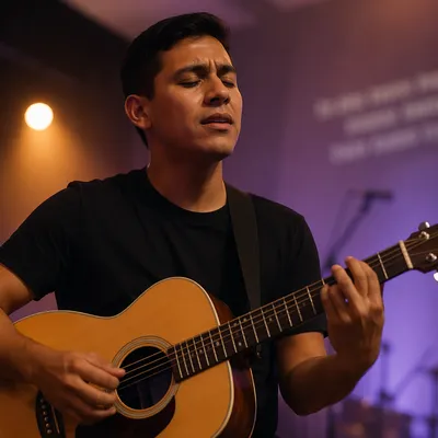 Close-Up Guitarist on Church Stage