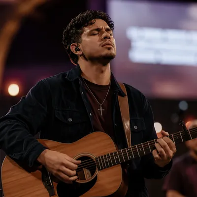 Close-Up Guitarist on Church Stage
