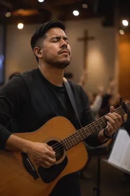 Close-up Guitarist on Softly Lit Church Stage