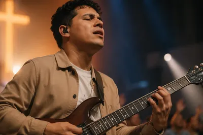 Young Guitarist Playing on Church Stage