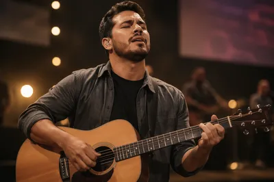 Passionate Guitarist on Softly Lit Church Stage