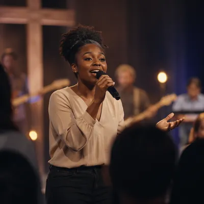 Joyful Worship Leader Singing on Church Stage