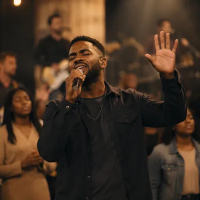 Worship Leader Singing on Warm Lit Stage